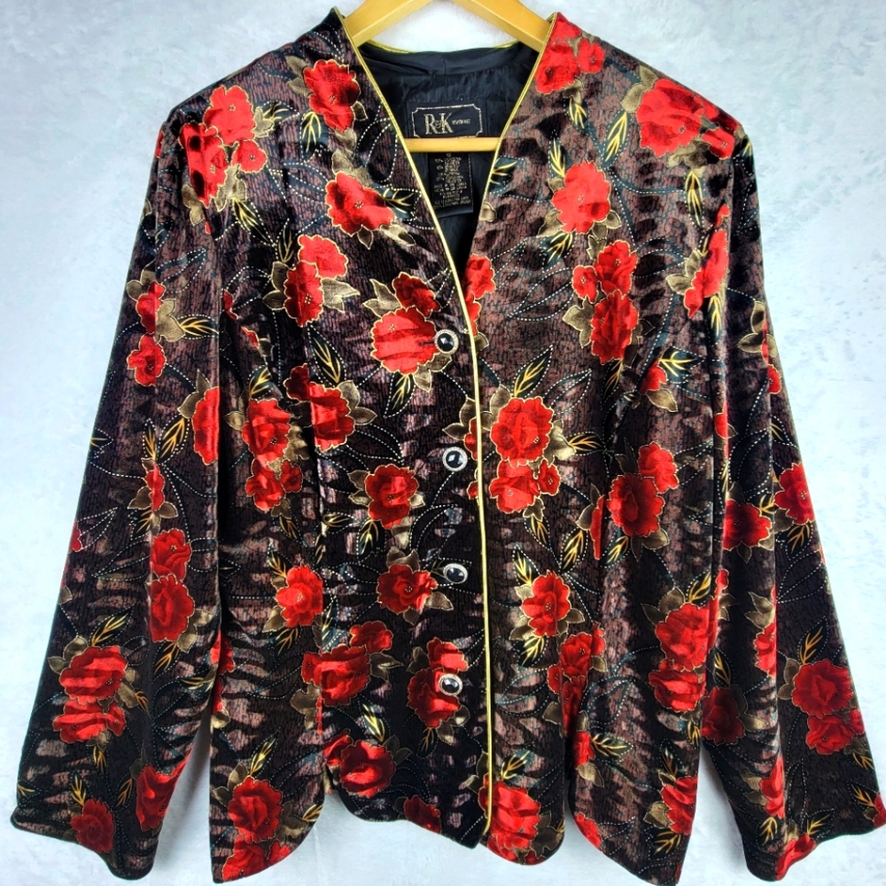 Velvet Button Dinner Jacket Sz 16 Brown Red Floral Glod Decor Whimsical Bohemian